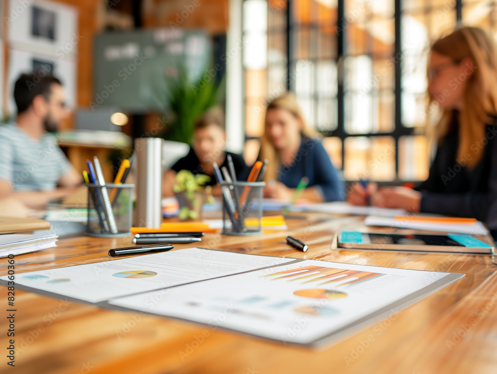Poster a blurry view of a business team meeting in the background, focus on foreground paper charts on a wo