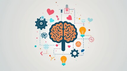 A creative illustration of a brain with various symbols (e.g., hearts, gears, light bulbs) around it, representing different aspects of mental health and cognitive function with minimalist background