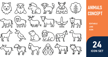 Animals related concept such as Dog, cat, horse,  pig, sheep, goat, chicken, bird, fish & many more editable stroke outline icons isolated on white background flat vector illustration