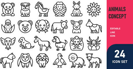 Fototapeta premium Animals related concept such as Dog, cat, horse, pig, sheep, goat, chicken, bird, fish & many more editable stroke outline icons isolated on white background flat vector illustration