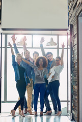 Employee, people and happy or excited in office for success, achievement and company growth. Group,...