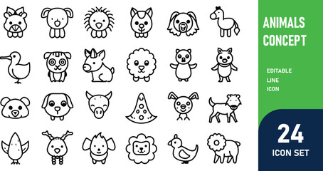 Animals related concept such as Dog, cat, horse,  pig, sheep, goat, chicken, bird, fish & many more editable stroke outline icons isolated on white background flat vector illustration