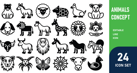 Animals related concept such as Dog, cat, horse,  pig, sheep, goat, chicken, bird, fish & many more editable stroke outline icons isolated on white background flat vector illustration