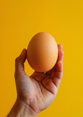 Hand Holding a Brown Egg Against a Yellow Background