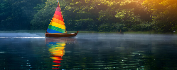 A tranquil lake with a rainbow pride flag sailing boat gliding across, reflecting on the water's surface - Powered by Adobe
