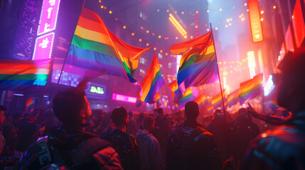 Digital animation captures the essence of Cyberpunk and neon aesthetics as a diverse crowd waves bright, holographic flags at an LGBTQ parade set amidst neon-lit streets