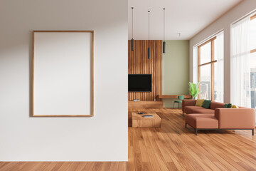 Home living room interior couch and tv screen and beauty table, mockup frame