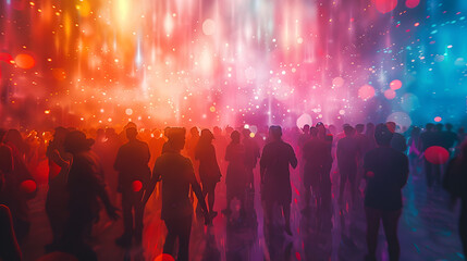 Psychedelic vibes come alive in a digital animation showcasing a diverse crowd celebrating in a LGBTQ parade, surrounded by vibrant, swirling holographic lights and vivid colors