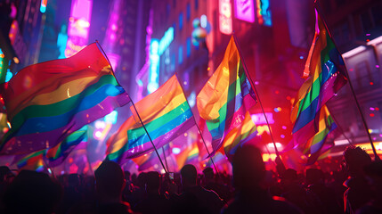 Futuristic floats, holographic rainbow flags, and bright neon lights illuminate a diverse LGBTQ parade depicted in multicolor digital art