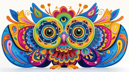 Vibrant and colorful artistic owl illustration with intricate patterns and detailed design, perfect for decorations and creative projects.