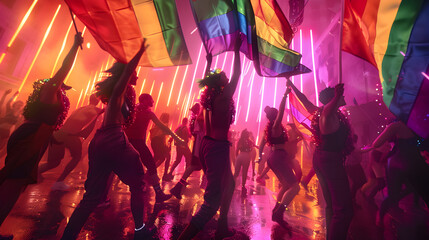 Digital animation portrays a futuristic celebration as a diverse LGBTQ group celebrates Pride with holographic flags and vibrant neon lights, exuding bright colors.