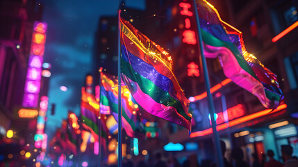 In a digital art representation, a diverse LGBTQ parade dazzles with multicolor brilliance, featuring holographic rainbow flags, bright neon lights, and futuristic floats