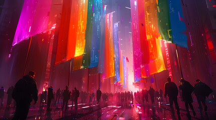 Diverse LGBTQ parade with holographic rainbow flags, bright neon lights, and futuristic floats, Futuristic, Multicolor, Digital Art