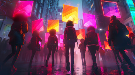In a futuristic protest scene, LGBTQ activists wield neon signs, depicted with bright colors and sci-fi elements in an illustration