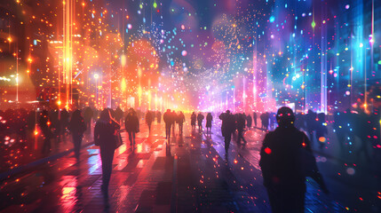 Bright colors illuminate the futuristic scene of an LGBTQ parade, with holographic fireworks and digital light shows creating a mesmerizing display in a digital illustration