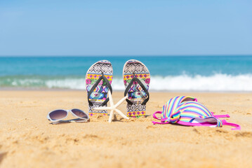 Beach accessories and Summer fashion tourism woman swimsuit Bikini with sunblock. Traveler Travel...