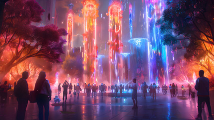 LGBTQ parade in a futuristic park, surrounded by holographic trees and decorations, Futuristic, Vivid Colors, Digital Art