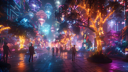 Vivid colors pop in the digital art depiction of an LGBTQ parade within a futuristic park, where holographic trees and decorations create a captivating ambiance