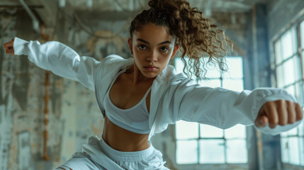 Dynamic silhouette female dancer, studio background. Fluid expressive pose. Freedom, artistic performance. Contrast motion. Creative project inspirational poster. Free woman dance hip hop at class.