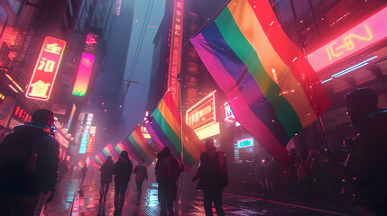 LGBTQ parade in a cyberpunk city, participants waving holographic banners, Cyberpunk, Neon, Digital Animation