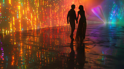 LGBTQ couple on a holographic dance floor, Psychedelic, Multicolor, Digital Art