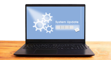 System update page on laptop screen. Update or upgrade concept for any software, hardware and technology systems. 