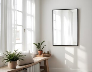 Frame mockup, ISO A paper size. Living room poster mockup. Modern interior design. Living room Interior mockup with house background. 3D render
