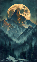 Retrostyle Illustration of Snowcapped Mountains with Evergreen Trees, Crescent Moon, and Twinkling Stars in Earthy Gold Tones with White Accents for Snowy Peaks and Details. Generative AI.