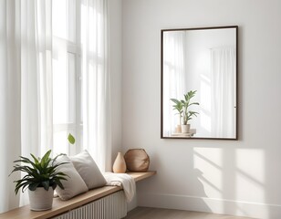 Frame mockup, ISO A paper size. Living room poster mockup. Modern interior design. Living room Interior mockup with house background. 3D render