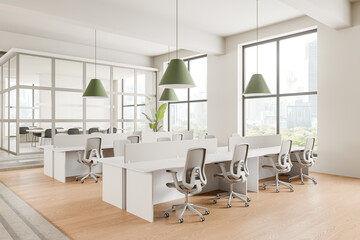 Modern office with workstations and green hanging lamps, bright environment. Contemporary workspace concept.  3D Rendering