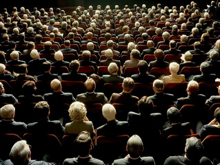 Audience in a dark theater, viewed from behind, focused on a stage, representing the concept of a crowd at an event. Generative AI
