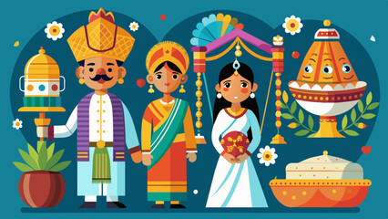 A playful set of Indian wedding ceremony featuring a mandap, a dhol player, and a baraat procession. Indian Style Vector