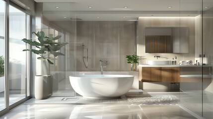 A bathroom with a large bathtub in the center, a large plant to the left, and a toilet and sink to the right.