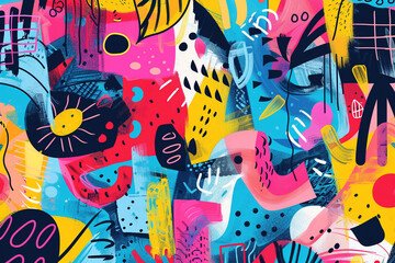 Abstract pop artwork with playful cartoon motifs in a spectrum of vivid colors.