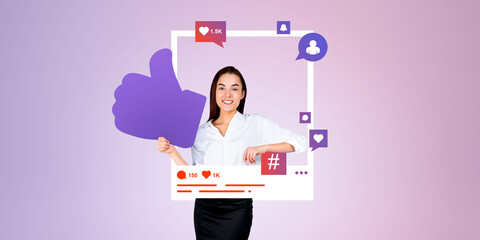 Businesswoman in photo frame, post on social media with comments and likes