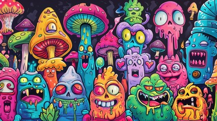 Obraz premium Whimsical Wonderland: Colorful Cartoon with Crazy Characters and Magical Mushrooms in Cuphead Style.