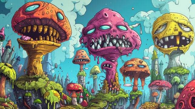 Psychedelic Cartoon Wonderland: Whimsical Characters with Weed Bongs and Magic Mushrooms in Cuphead Style Doodle Art.
