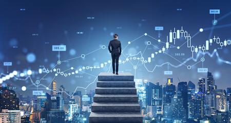 Man on concrete stairs, city skyscrapers and forex trading hologram