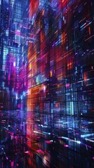 Obraz premium Neon futuristic grid wall, abstract patterns, vibrant colors, high contrast, modern aesthetic create a visually stunning display.