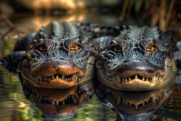 Fototapeta premium Two alligators swimming in the water. Suitable for wildlife and nature themes