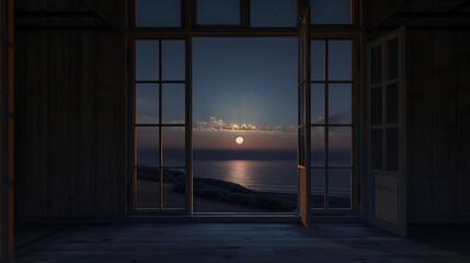 A serene and quiet night with a clear view of a starry sky and a glowing moon, seen from a window, creating a perfect setting for reflection and relaxation.