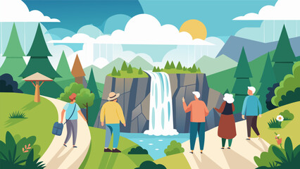 A sunny day in a nature reserve where a group of seniors is discovering hidden waterfalls and breathtaking vistas on an organized walk.. Vector illustration