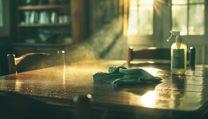 Cleaning table top with cloth and spray close up theme home hygiene surreal Composite elegant dining room - Powered by Adobe