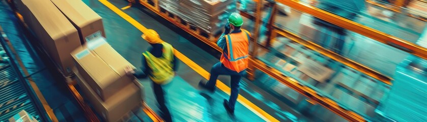 Workers moving packages in logistics center plant beside selective focus theme logistics vibrant Manipulation storage area