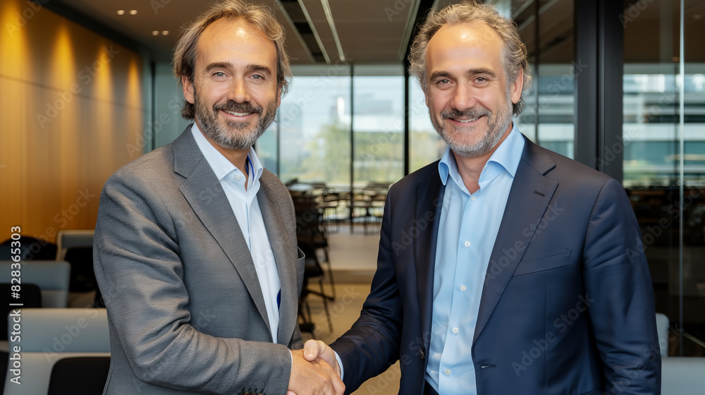 Aufkleber Two smiling men in suits shaking hands in an office environment, displaying professionalism and partnership. Generative AI