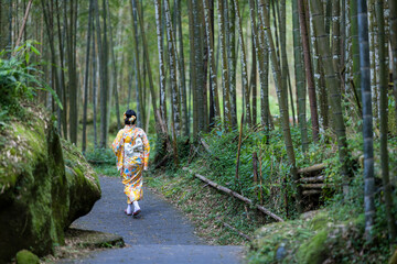 Asian woman try to wear Japanese kimono in the bamboo forest