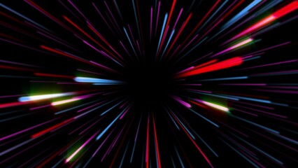Abstract tunnel of a multicolor spectrum background. Bright rays of neon light and colorful glowing lines moving speed through the dark. 3d render