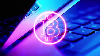 Bitcoin Symbol neon, Concept of Digital Payments on laptop keybo