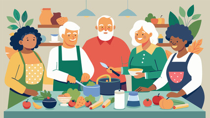 In a rustic farmhouse kitchen seniors chop mix and blend fresh ingredients as they learn how to create hearty and healthy dishes in their gourmet cooking club.. Vector illustration