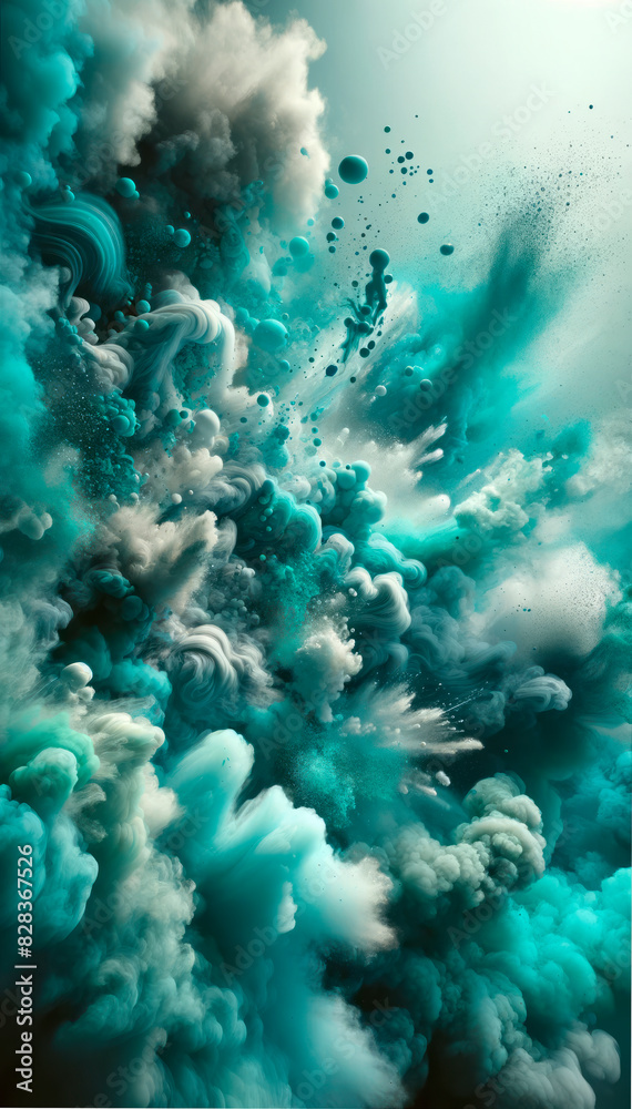 Poster turquoise and white dynamic shapes with a fluid, smoke-like appearance on a dark background, conveyi